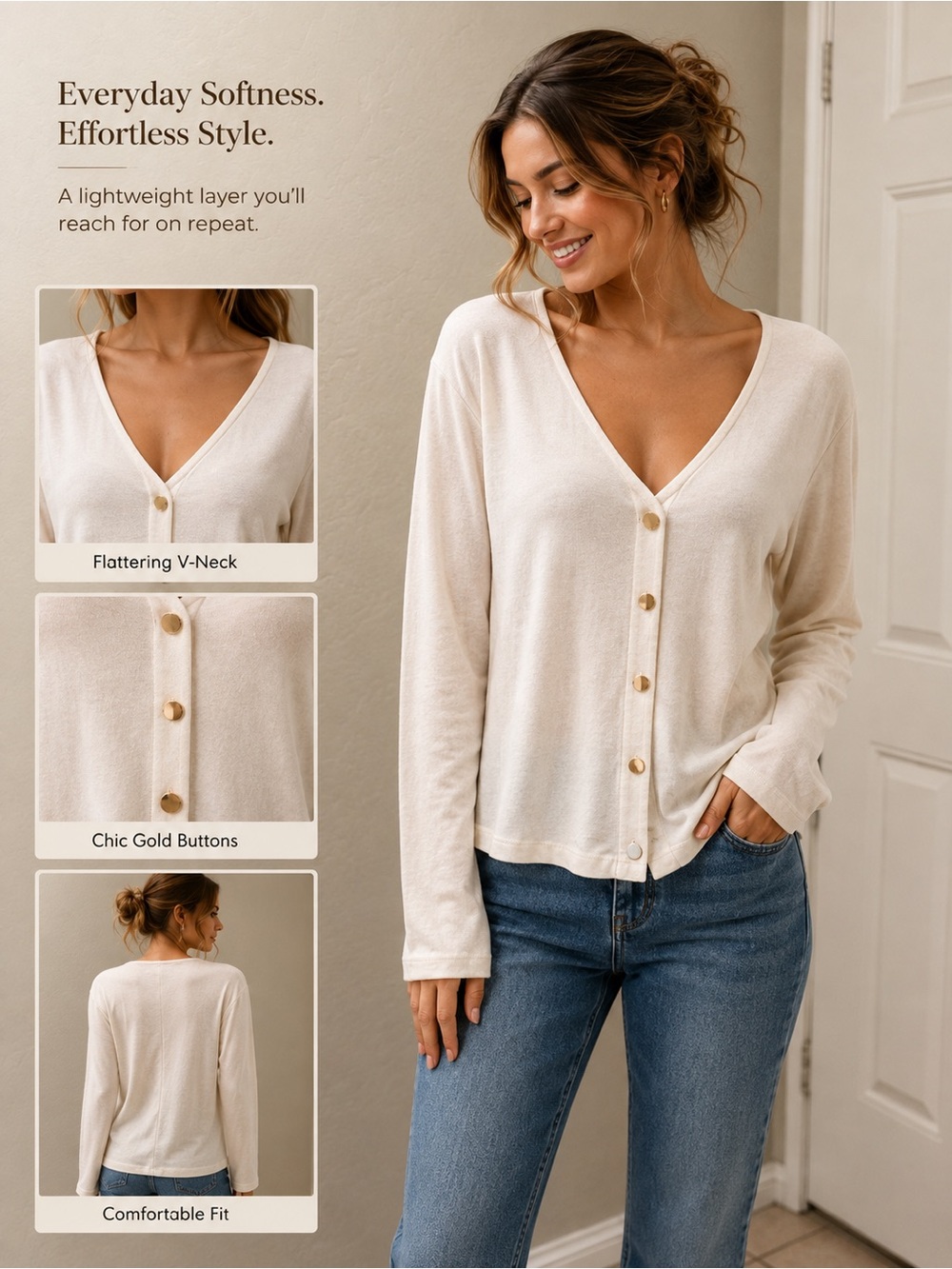 LOFT Cream Button-Front V-Neck Top